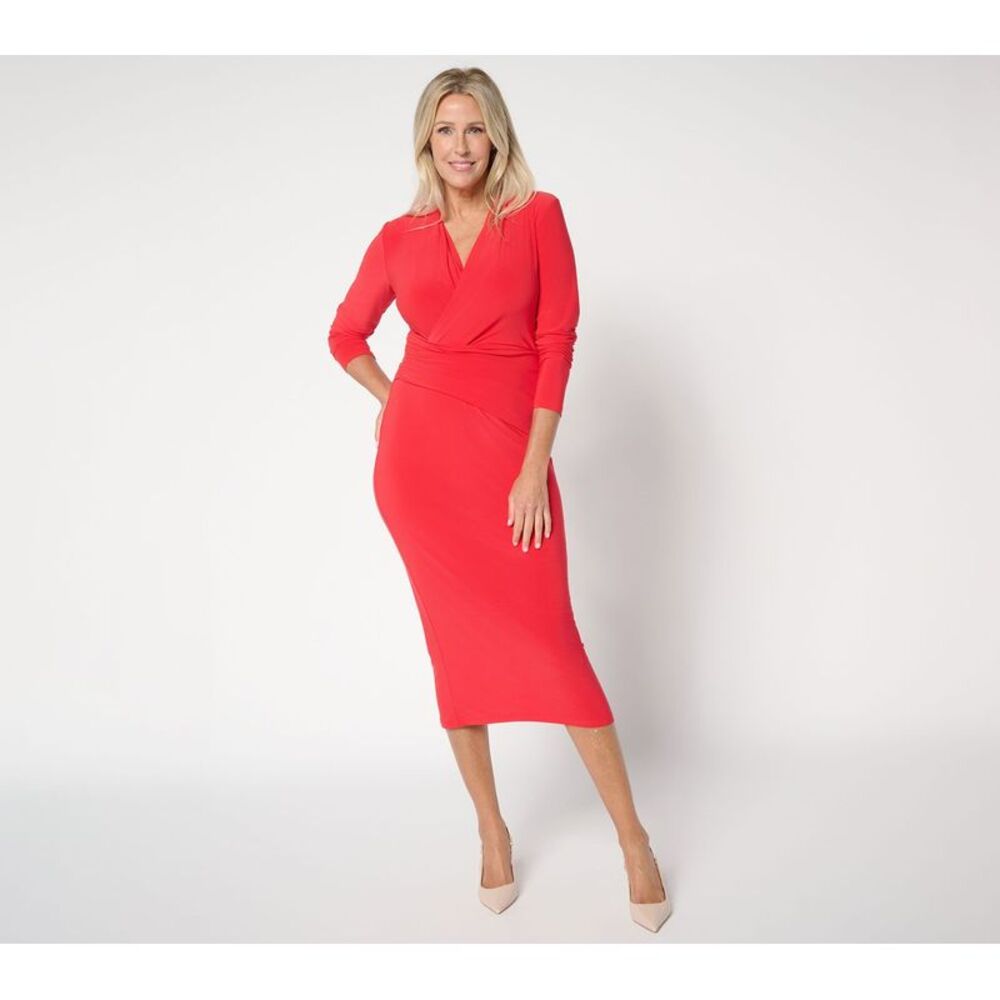 Women Control Women's Petite Dress PXL Como Jersey Surplice Midi Red A708815